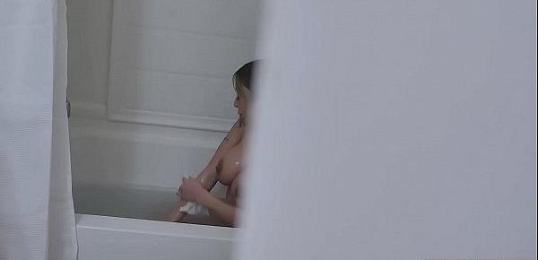  Inked MILF stepmom pleases her legendary pussy in bath